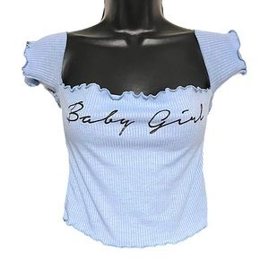 Fashion Nova Ribbed Light Blue Off the Shoulder “Baby Girl” Crop Top